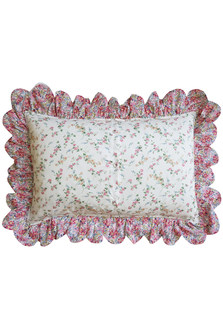 Oblong Scallop Ruffle Cushion made with Liberty Fabric ELIZABETH & SWIRLING PETALS