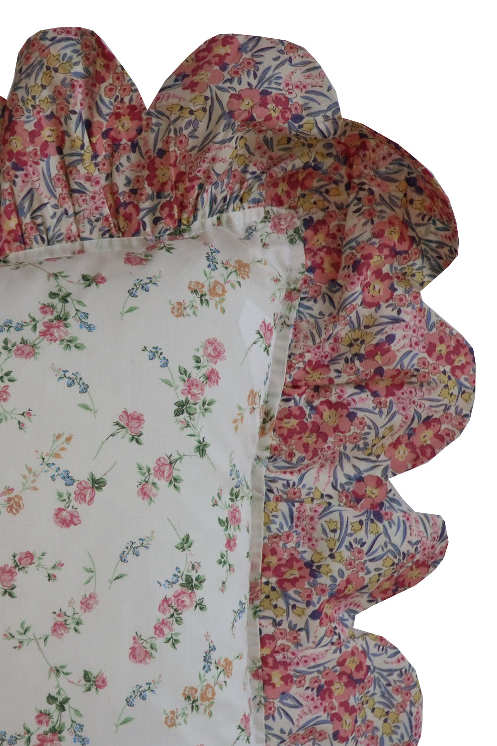 Oblong Scallop Ruffle Cushion made with Liberty Fabric ELIZABETH & SWIRLING PETALS