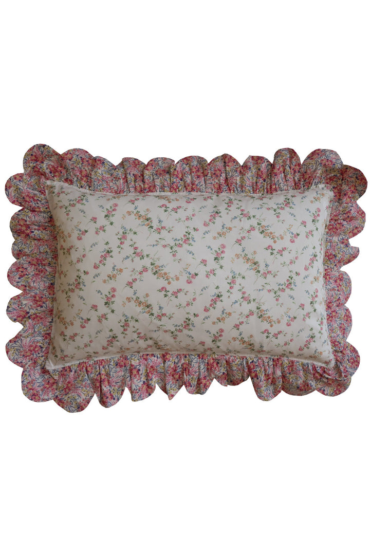 Oblong Scallop Ruffle Cushion made with Liberty Fabric ELIZABETH & SWIRLING PETALS