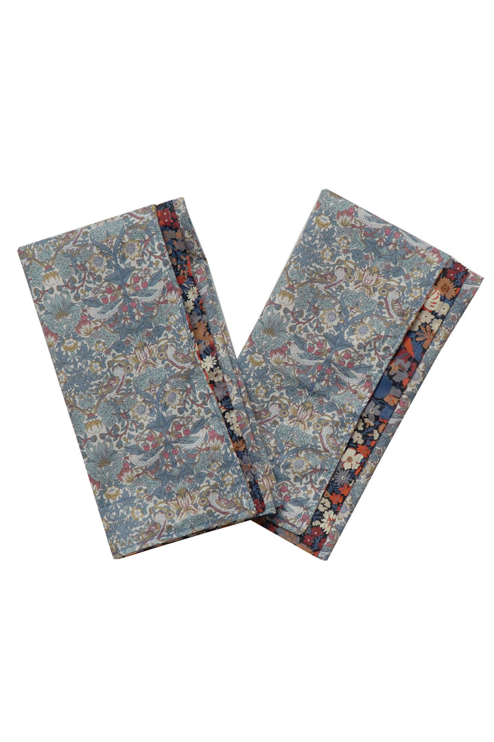 Reversible Wavy Napkin Set made with Liberty Fabric THORPE RUST & STRAWBERRY THIEF SPRING BLUE