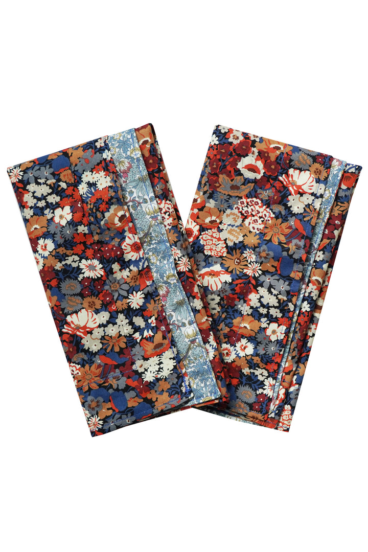 Reversible Wavy Napkin Set made with Liberty Fabric THORPE RUST & STRAWBERRY THIEF SPRING BLUE