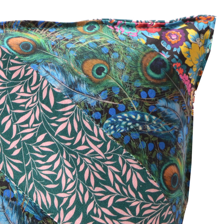 Silk Patchwork Cushion made with Liberty Fabric PEACOCK MANOR & WILLOW WOOD