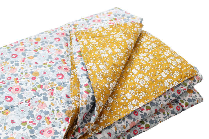 Stitch Border Bedspread made with Liberty Fabric BETSY GREY & CAPEL MUSTARD - Coco & Wolf