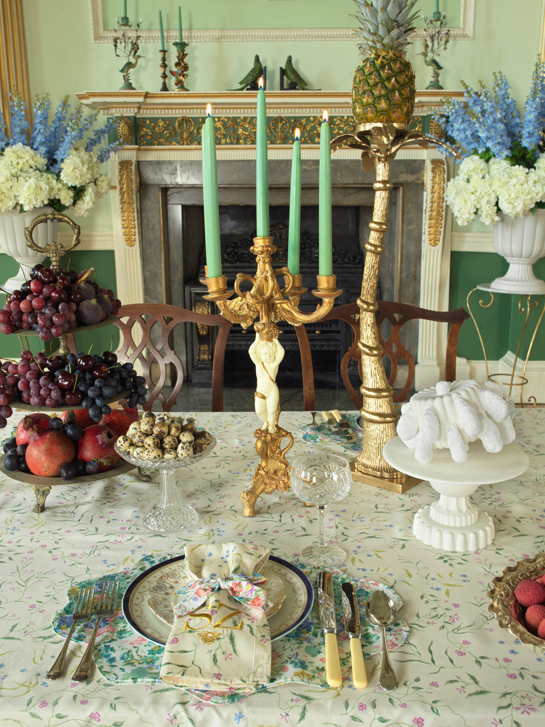 Bridgerton Stitch Edge Tablecloth Runner made with Liberty Fabric REGAL BLOSSOM GREEN