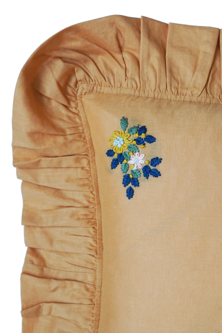 Embroidered Ruffle Cushion made with Linen Liberty Fabric Turmeric