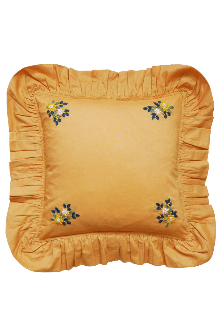 Embroidered Ruffle Cushion made with Linen Liberty Fabric Turmeric