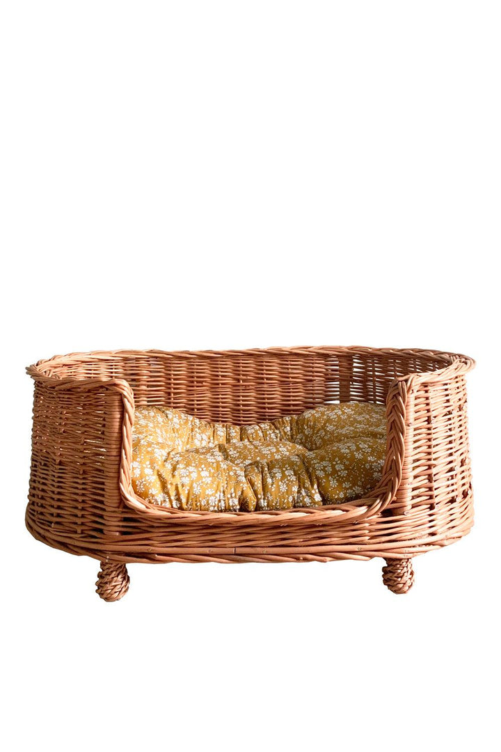 Wicker Oval Pet Bed made with Liberty Fabric CAPEL MUSTARD - Coco & Wolf