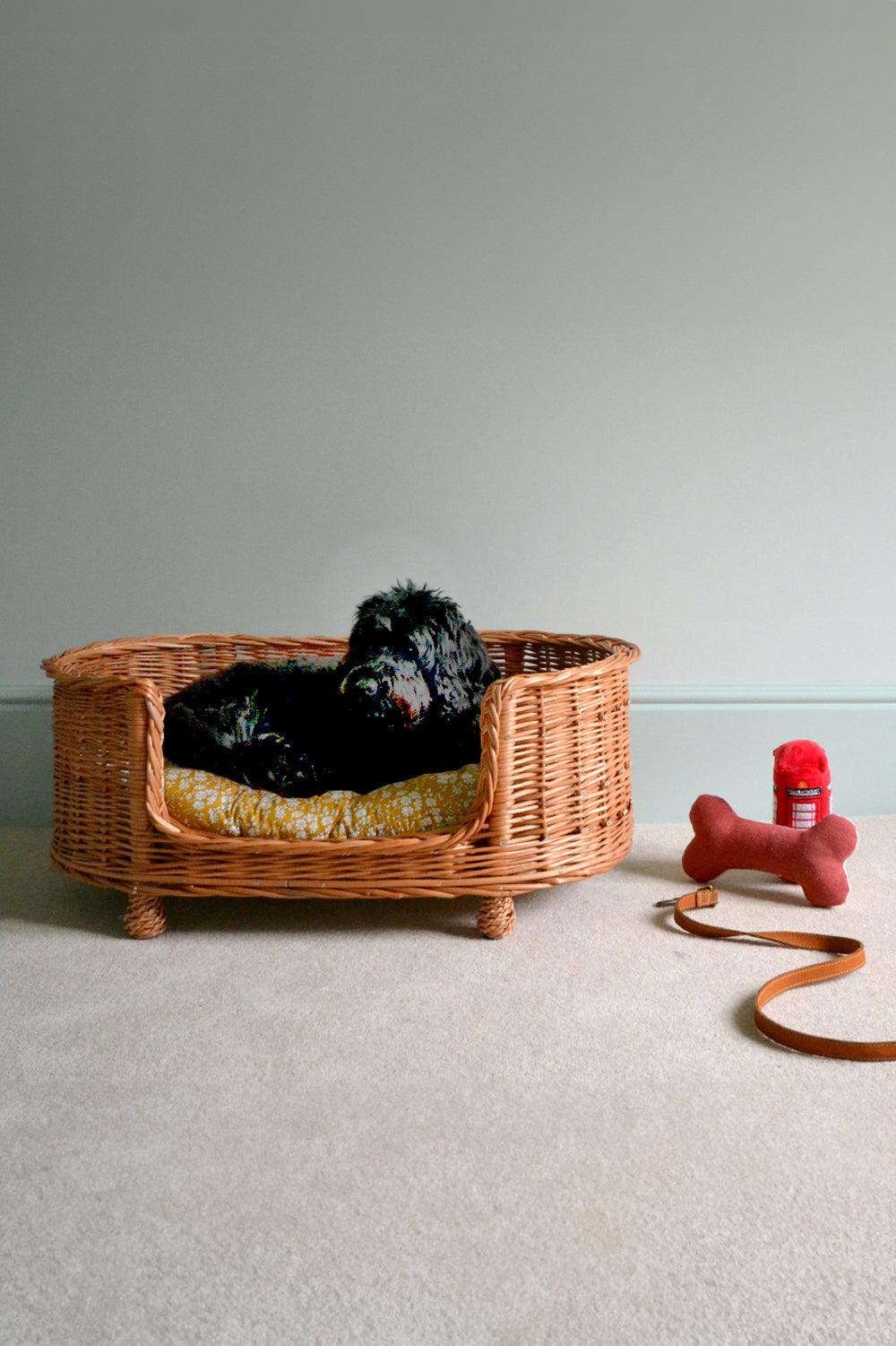 Wicker Oval Pet Bed made with Liberty Fabric CAPEL MUSTARD - Coco & Wolf