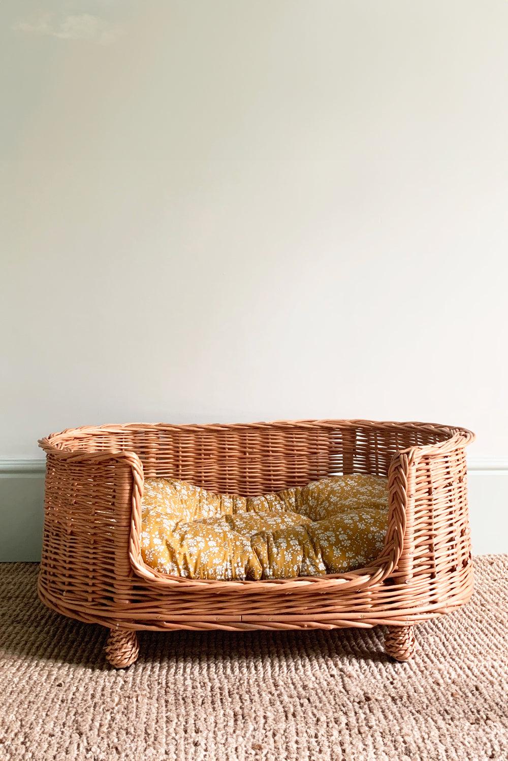 Wicker Oval Pet Bed made with Liberty Fabric CAPEL MUSTARD - Coco & Wolf